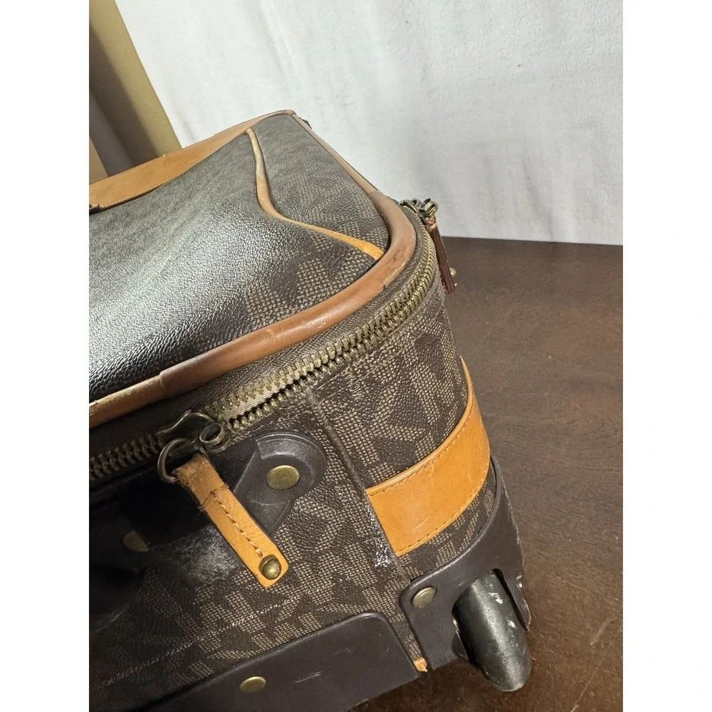 Vintage Michael Kors MK Monogram Rolling Carry-On Suitcase Faux Leather Brown